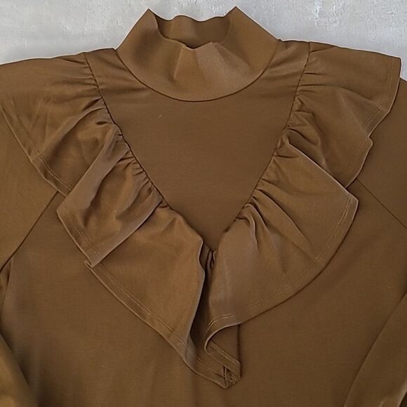 Who What Wear Women's Small Shirt Dress Brown Ruffle Long Sleeve Mock Neck Boho - Picture 7 of 16